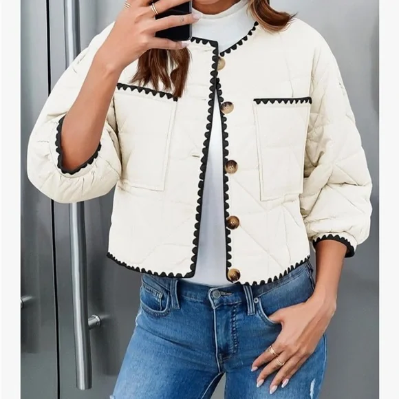 NWOT - Women’s Cropped Quilted Jacket – Lightweight Puff 3/4 Sleeve Button Down - Picture 5 of 16